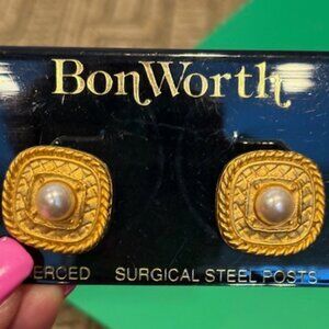 BonWorth - goldtone faux pearl pierced earrings-